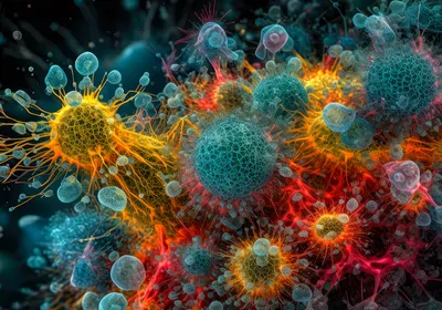 A tumor being attacked by multiple immune cells